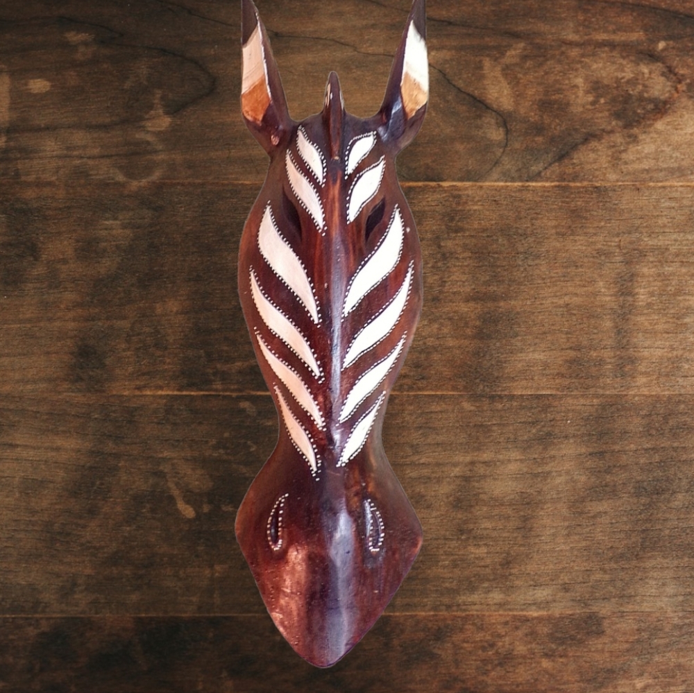 NEW Hand Craved Painted Brown White Striped Wood African Tribal Zebra Face Mask